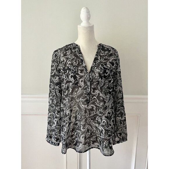 Gap Black & Cream Print Popover Blouse Semi Sheer L - Picture 2 of 5